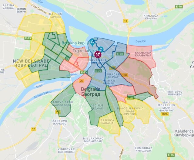 Mapa Beograda sa označenim zonama dostave kuvanih jela